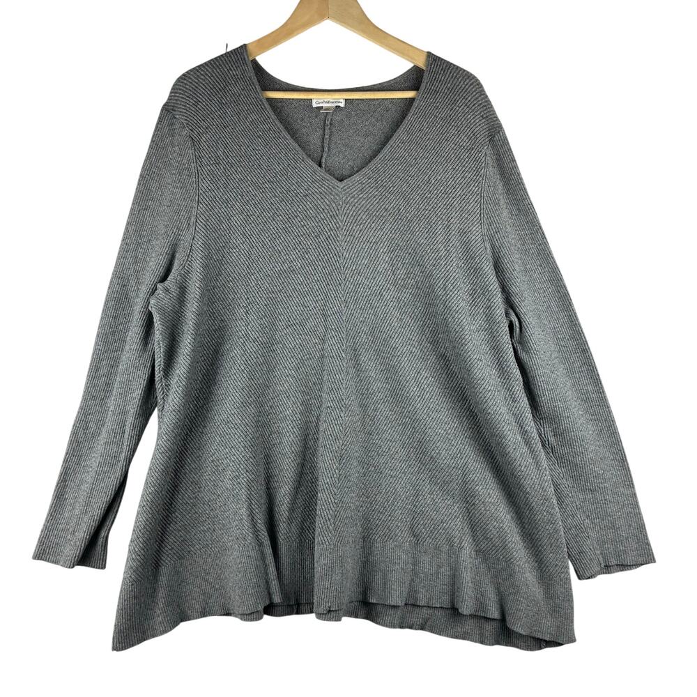 Croft & Barrow V-Neck Sweater Women's 3X Grey Long Sleeve Lagenlook Ribbed Knit